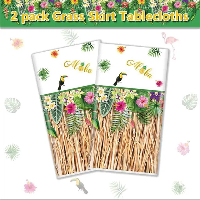 Alt view image 3 of 7 - 2 Pack Hawaiian Luau Grass Tablecloths, Hawaii Luau Table Skirt Party Decorations, Tropical Palm Tablecover for Summer Beach BBQ Tropical Ahola Party Baby Shower, 86 x 51in (2)