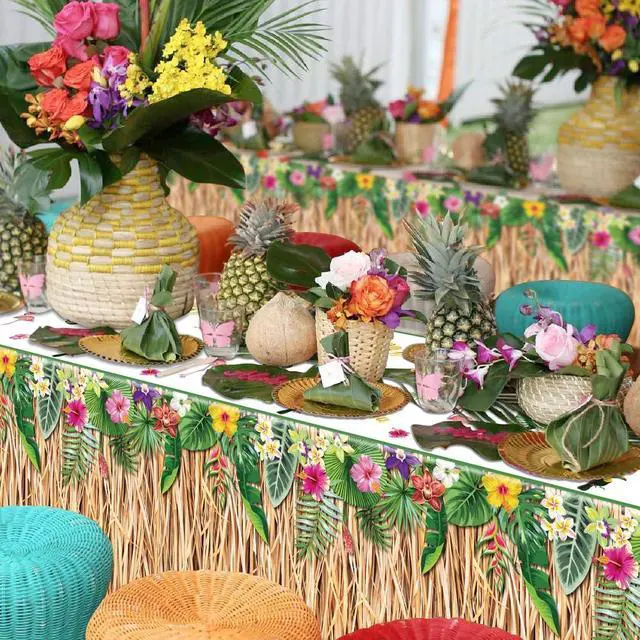 Alt view image 4 of 7 - 2 Pack Hawaiian Luau Grass Tablecloths, Hawaii Luau Table Skirt Party Decorations, Tropical Palm Tablecover for Summer Beach BBQ Tropical Ahola Party Baby Shower, 86 x 51in (2)