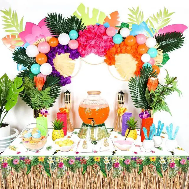 Alt view image 6 of 7 - 2 Pack Hawaiian Luau Grass Tablecloths, Hawaii Luau Table Skirt Party Decorations, Tropical Palm Tablecover for Summer Beach BBQ Tropical Ahola Party Baby Shower, 86 x 51in (2)