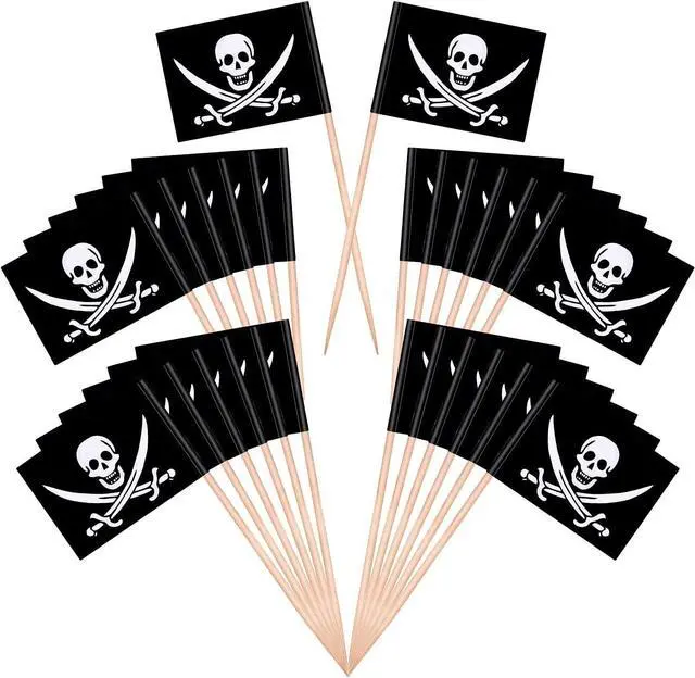 Main image of YGAOHF 110 Pieces Pirate Flag Toothpicks - Cute Pirate Party Decorations, Small Halloween Pirate Cupcake Toppers for Food, Appetizer, Cocktail, Fun Halloween Party Decorations