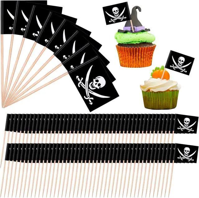 Alt view image 5 of 7 - YGAOHF 110 Pieces Pirate Flag Toothpicks - Cute Pirate Party Decorations, Small Halloween Pirate Cupcake Toppers for Food, Appetizer, Cocktail, Fun Halloween Party Decorations