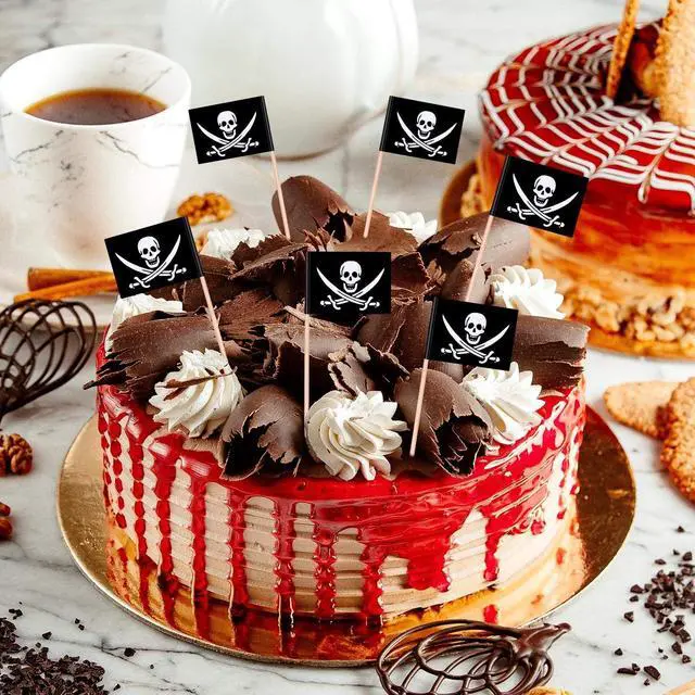 Alt view image 6 of 7 - YGAOHF 110 Pieces Pirate Flag Toothpicks - Cute Pirate Party Decorations, Small Halloween Pirate Cupcake Toppers for Food, Appetizer, Cocktail, Fun Halloween Party Decorations