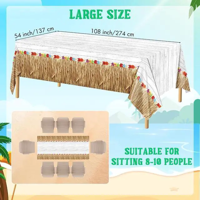 Alt view image 2 of 7 - Kochorie 2 Pack Hawaii Luau Grass Tablecloth 54 x 108 Inches Waterproof Plastic Hawaiian Brown Grass Table Skirt with Raffia Libiscus Flowers Table Cover for Summer Tropical Party Decorations