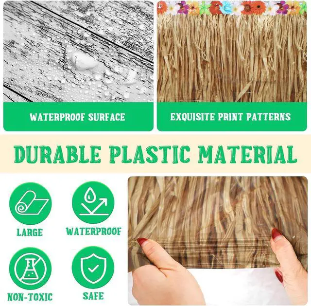 Alt view image 3 of 7 - Kochorie 2 Pack Hawaii Luau Grass Tablecloth 54 x 108 Inches Waterproof Plastic Hawaiian Brown Grass Table Skirt with Raffia Libiscus Flowers Table Cover for Summer Tropical Party Decorations