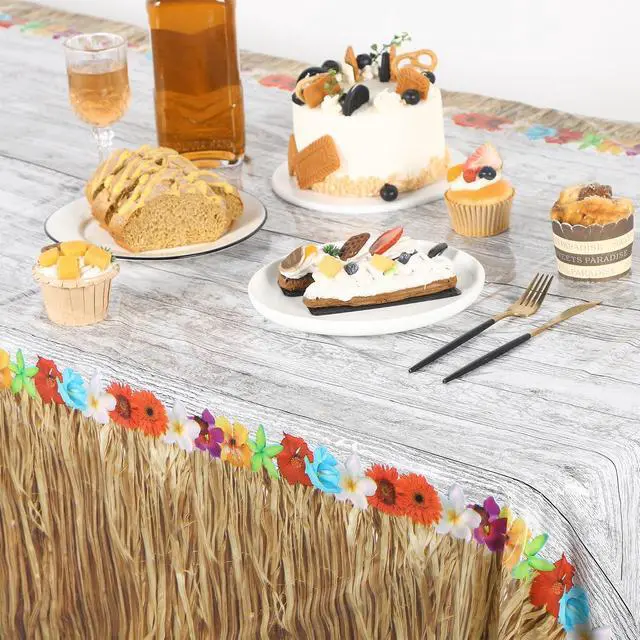Alt view image 4 of 7 - Kochorie 2 Pack Hawaii Luau Grass Tablecloth 54 x 108 Inches Waterproof Plastic Hawaiian Brown Grass Table Skirt with Raffia Libiscus Flowers Table Cover for Summer Tropical Party Decorations