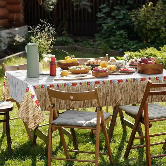 Alt view image 6 of 7 - Kochorie 2 Pack Hawaii Luau Grass Tablecloth 54 x 108 Inches Waterproof Plastic Hawaiian Brown Grass Table Skirt with Raffia Libiscus Flowers Table Cover for Summer Tropical Party Decorations