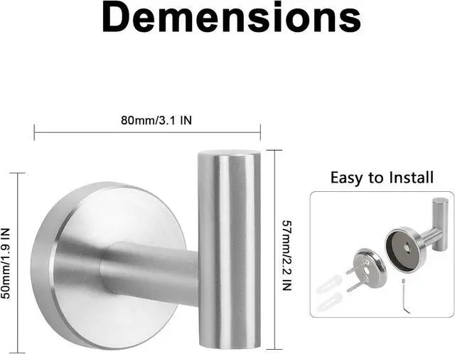 Alt view image 5 of 7 - NearMoon Bath Towel Hooks- SUS 304 Stainless Steel Robe Hook Holder, Heavy Duty Coat Hook for Bathroom Livingroom Hotel Kitchen Garage, Wall Mounted- 4 Pack (Brushed Nickel)