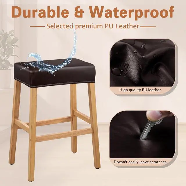 Alt view image 3 of 7 - PU Leather Bar Stool Covers Rectangular, 100% Waterproof Stool Covers Rectangle Super Stretch 20% Thicker Leather Saddle Stools Cover Rectangular Counter Bar Stools with Elastic Band (2 PCS, Brown)