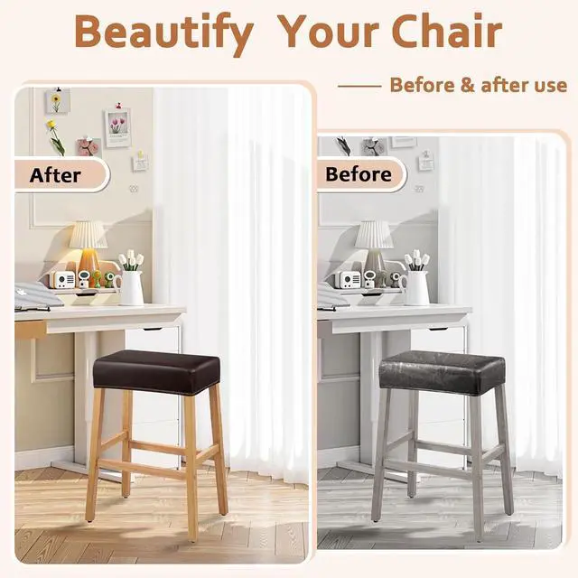 Alt view image 6 of 7 - PU Leather Bar Stool Covers Rectangular, 100% Waterproof Stool Covers Rectangle Super Stretch 20% Thicker Leather Saddle Stools Cover Rectangular Counter Bar Stools with Elastic Band (2 PCS, Brown)
