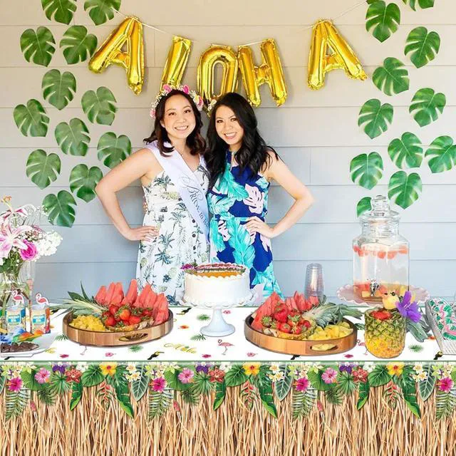 Alt view image 5 of 7 - 2 Pack Hawaiian Luau Grass Tablecloths, Hawaii Luau Table Skirt Party Decorations, Tropical Palm Tablecover for Summer Beach BBQ Tropical Ahola Party Baby Shower, 86 x 51in (2)