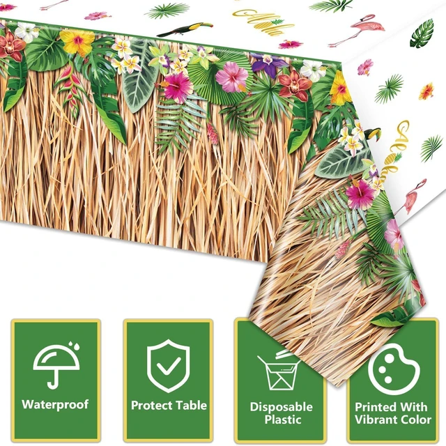 Alt view image 7 of 7 - 2 Pack Hawaiian Luau Grass Tablecloths, Hawaii Luau Table Skirt Party Decorations, Tropical Palm Tablecover for Summer Beach BBQ Tropical Ahola Party Baby Shower, 86 x 51in (2)