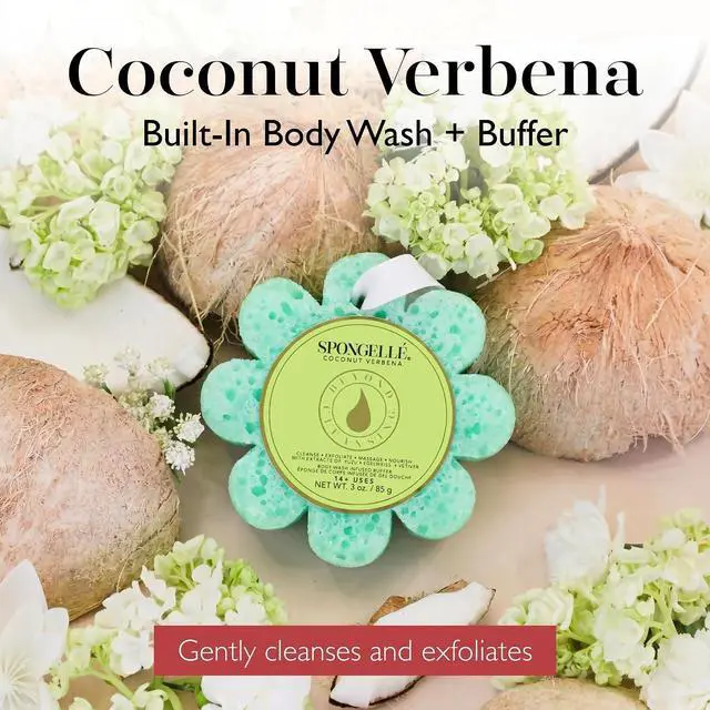 Alt view image 2 of 7 - Spongellé Coconut Verbena Wild Flower Bath Sponge | Built-in Body Wash & Body Scrubber, Shower Loofah Sponge for Women | 14+ uses
