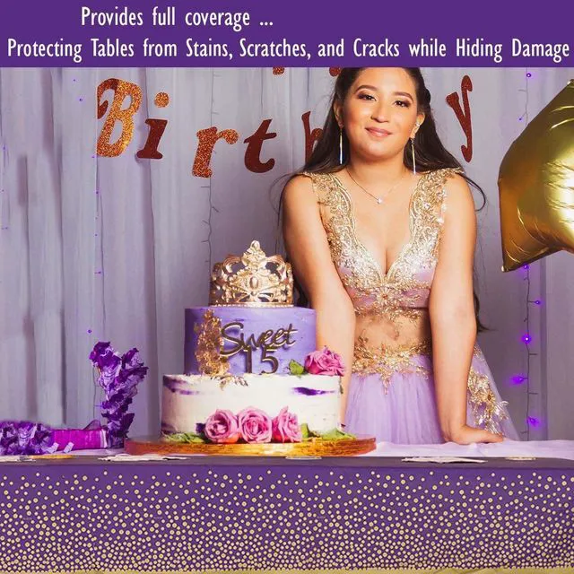 Alt view image 2 of 6 - 2 Pack Premium Purple and Gold Plastic Tablecloths Thick, Durable, Reusable Table Covers (54 x 108 in) Stylish Party Decor for Birthday, Rapunzel, Tangled, Purple Birthday Decorations