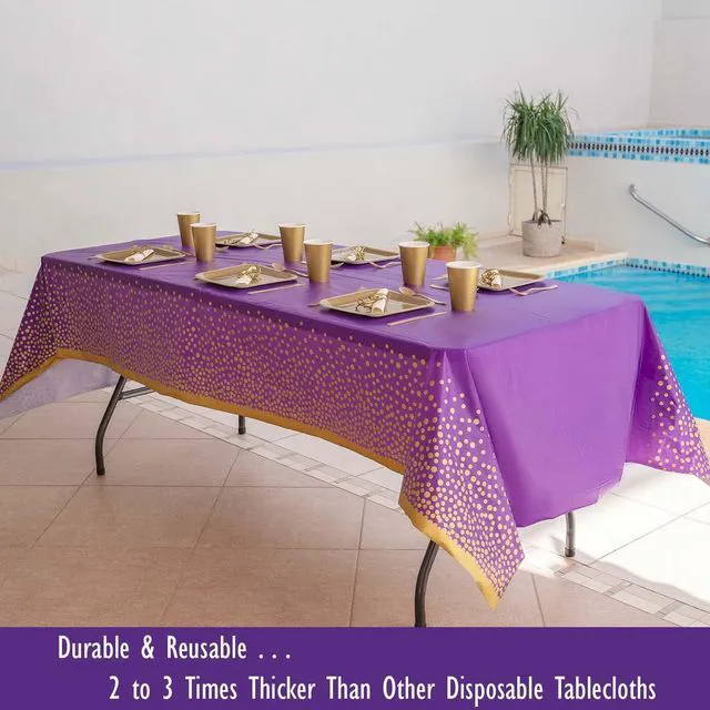 Alt view image 3 of 6 - 2 Pack Premium Purple and Gold Plastic Tablecloths Thick, Durable, Reusable Table Covers (54 x 108 in) Stylish Party Decor for Birthday, Rapunzel, Tangled, Purple Birthday Decorations