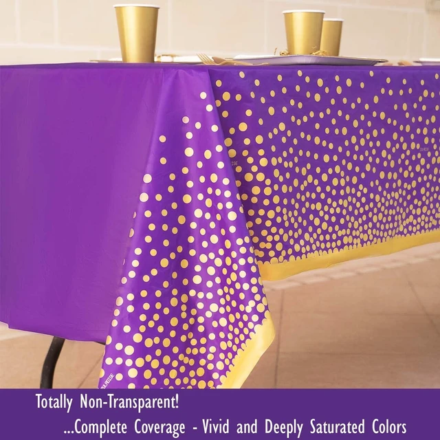 Alt view image 5 of 6 - 2 Pack Premium Purple and Gold Plastic Tablecloths Thick, Durable, Reusable Table Covers (54 x 108 in) Stylish Party Decor for Birthday, Rapunzel, Tangled, Purple Birthday Decorations