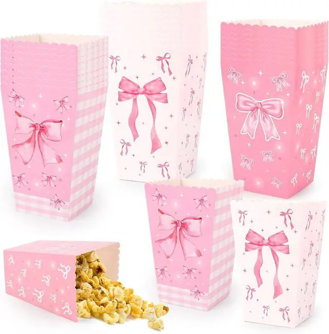 Main image of YLOLUL 24Pcs Pink Bow Large Popcorn Boxes Pink White Bows Popcorn Bags Bows Theme Favor Bags Treat Candy Boxes for Girls Birthday Baby Shower Bridal Shower Party Supplies,3 Styles