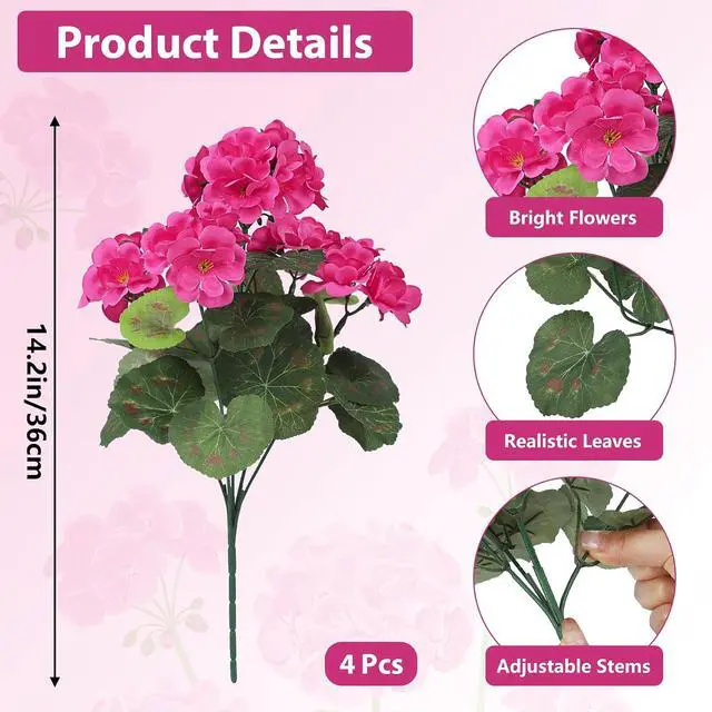 Alt view image 2 of 7 - Bassion Artificial Geranium Flowers for Outdoors Decoration, 4 Pcs, Fuschia
