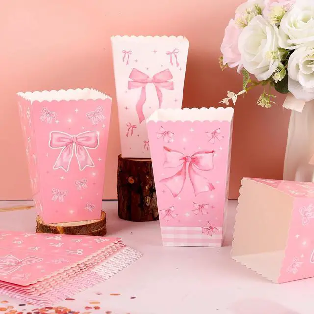 Alt view image 2 of 6 - YLOLUL 24Pcs Pink Bow Large Popcorn Boxes Pink White Bows Popcorn Bags Bows Theme Favor Bags Treat Candy Boxes for Girls Birthday Baby Shower Bridal Shower Party Supplies,3 Styles