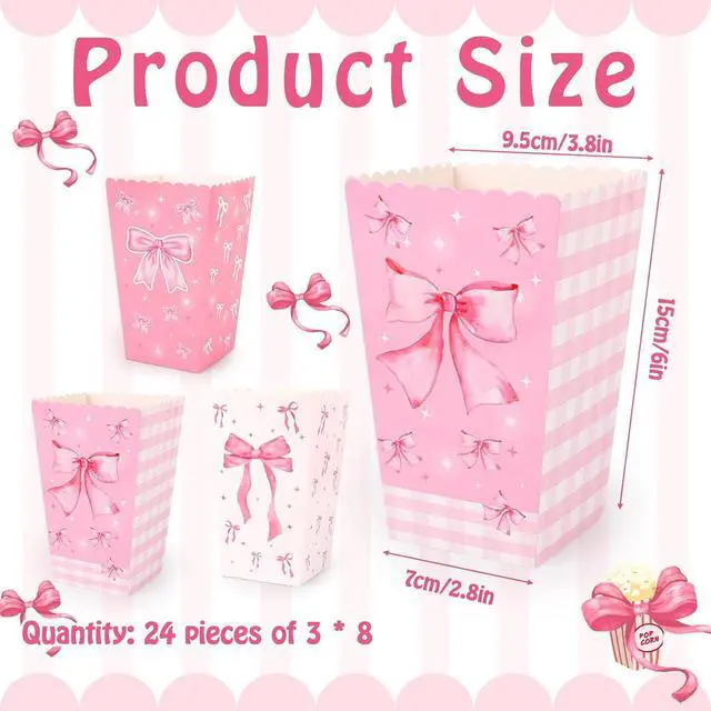 Alt view image 3 of 6 - YLOLUL 24Pcs Pink Bow Large Popcorn Boxes Pink White Bows Popcorn Bags Bows Theme Favor Bags Treat Candy Boxes for Girls Birthday Baby Shower Bridal Shower Party Supplies,3 Styles