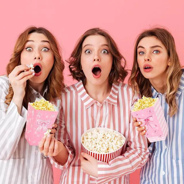 Alt view image 5 of 6 - YLOLUL 24Pcs Pink Bow Large Popcorn Boxes Pink White Bows Popcorn Bags Bows Theme Favor Bags Treat Candy Boxes for Girls Birthday Baby Shower Bridal Shower Party Supplies,3 Styles