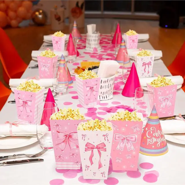 Alt view image 6 of 6 - YLOLUL 24Pcs Pink Bow Large Popcorn Boxes Pink White Bows Popcorn Bags Bows Theme Favor Bags Treat Candy Boxes for Girls Birthday Baby Shower Bridal Shower Party Supplies,3 Styles