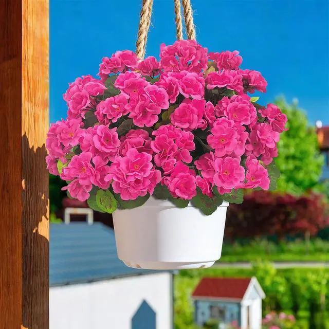 Alt view image 4 of 7 - Bassion Artificial Geranium Flowers for Outdoors Decoration, 4 Pcs, Fuschia