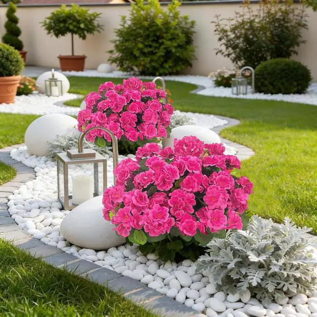 Alt view image 5 of 7 - Bassion Artificial Geranium Flowers for Outdoors Decoration, 4 Pcs, Fuschia