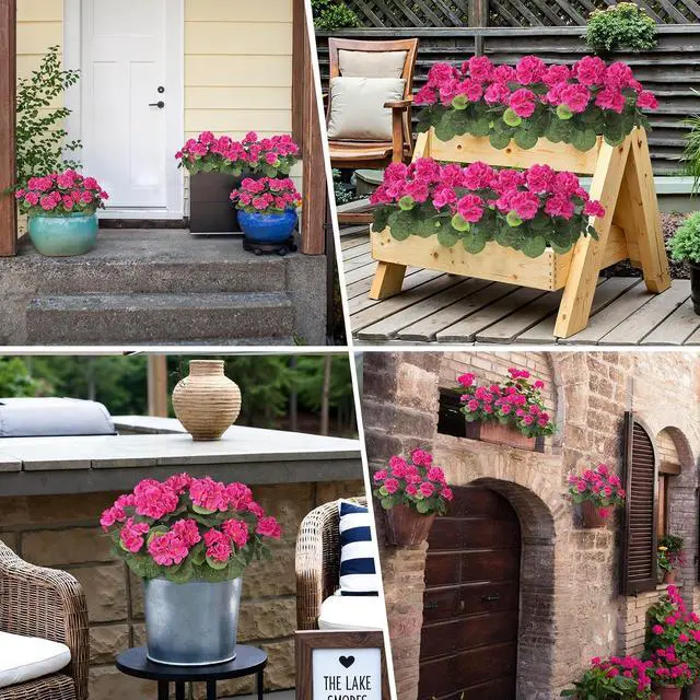 Alt view image 6 of 7 - Bassion Artificial Geranium Flowers for Outdoors Decoration, 4 Pcs, Fuschia