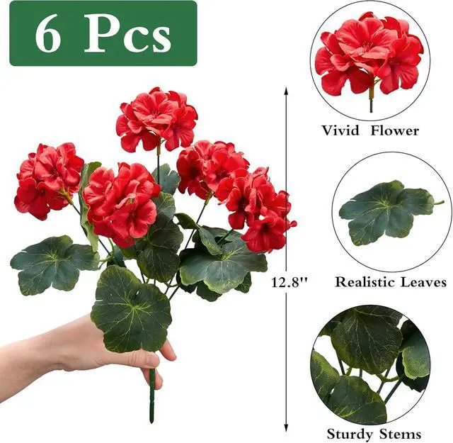 Alt view image 2 of 7 - Artificial Geranium Flowers for Outdoors: 6 PCS Realistic UV Resistant Faux Red Geranium Silk Flowers for Outdoor Planters Fade Proof Garden Fake Flowers Decor for Outside Porch - Red