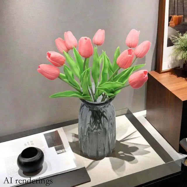 Alt view image 2 of 7 - 10 Heads Artificial Tulips, Coral