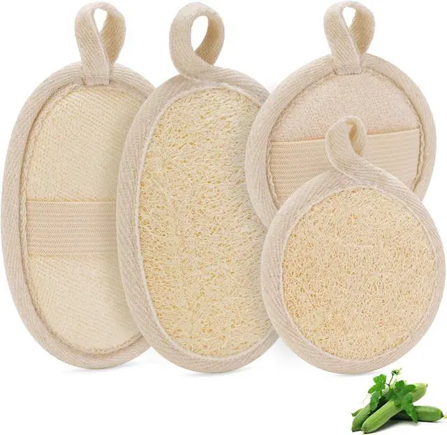 Main image of 4Pcs Natural Loofah Sponge Exfoliating Body Scrubber (4.5Inch), Loofah Exfoliating Facial Scrubber(3.2Inch), Made of Natural Luffa and Terry Cloth, Bath Shower Loofah Sponge for Body and Face