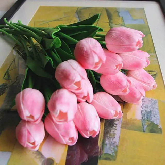 Alt view image 2 of 6 - Artificial Tulips 10Pcs Real Touch PU Tulip Fake Flowers Pink
