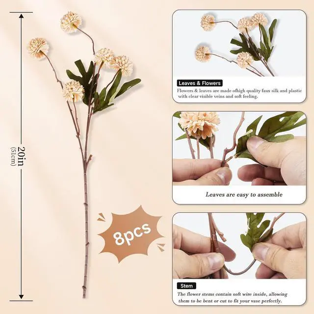 Alt view image 6 of 6 - Beige Pompon Mums Artificial Flowers, 8pcs Stems Faux Silk Mini Chrysanth, Bulk Fake Wedding Filler Flowers Flower Ball for DIY Bouquet Centerpieces Floral Arrangements Shower Decorations