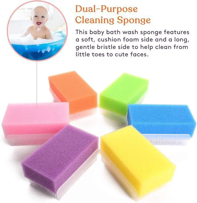 Alt view image 3 of 7 - Special Supplies (6 Pack) Baby Bath Sponges Soft Foam Sensory Scrubber with Cradle Cap Bristle Brush - Body, Hair, and Scalp Cleaning - Gentle on Infant, Toddler Sensitive Skin - Great Sensory Feel