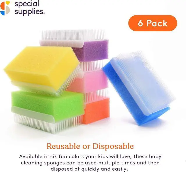 Alt view image 5 of 7 - Special Supplies (6 Pack) Baby Bath Sponges Soft Foam Sensory Scrubber with Cradle Cap Bristle Brush - Body, Hair, and Scalp Cleaning - Gentle on Infant, Toddler Sensitive Skin - Great Sensory Feel