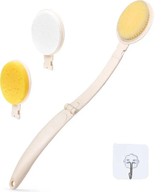Main image of LFJ 19" Long Handle Shower Sponge Brush Set, 3 in 1 Body Brush, Bath Sponge and Lotion Applicator Improved Skin Health, Suitable for Men and Women (White Brush-1P)