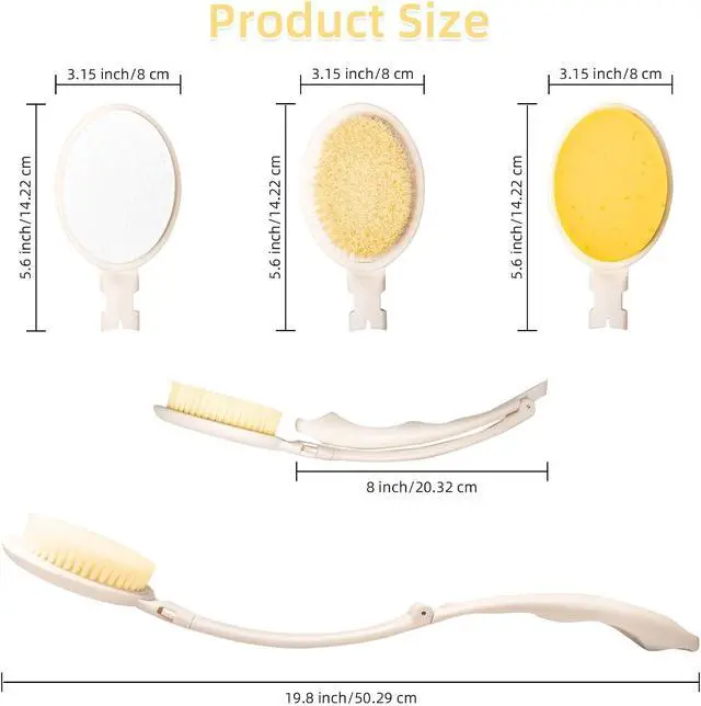 Alt view image 3 of 6 - LFJ 19" Long Handle Shower Sponge Brush Set, 3 in 1 Body Brush, Bath Sponge and Lotion Applicator Improved Skin Health, Suitable for Men and Women (White Brush-1P)