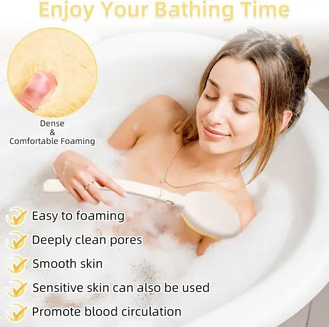 Alt view image 5 of 6 - LFJ 19" Long Handle Shower Sponge Brush Set, 3 in 1 Body Brush, Bath Sponge and Lotion Applicator Improved Skin Health, Suitable for Men and Women (White Brush-1P)