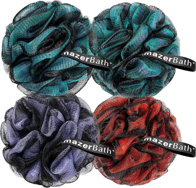 Main image of AmazerBath Charcoal Loofah Sponge, Shower Loofah 60g/PCS - Body Scrubber Loofa Set of 4 - Charcoal Blue, Green, Purple & Red, Bath Sponge for Men and Women