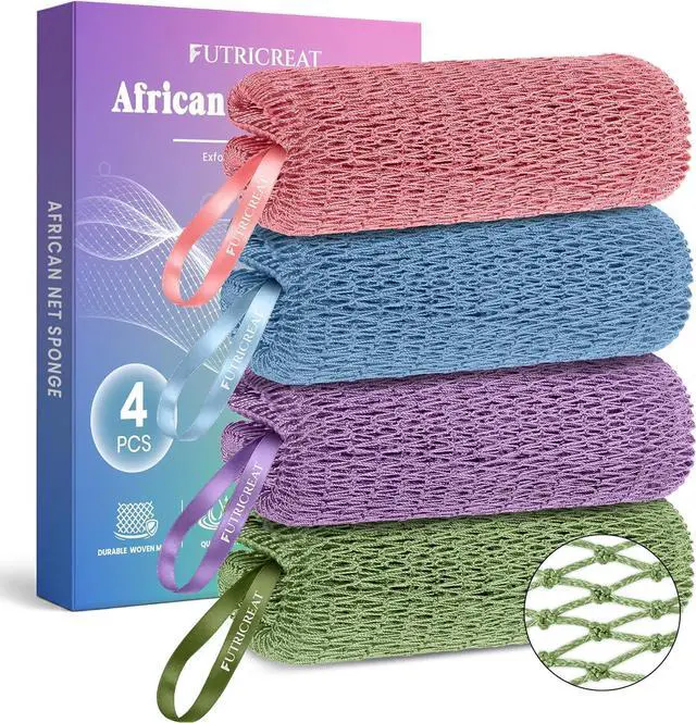 Main image of 4 Pack African Net Sponge Authentic, Exfoliating Washcloth, Body & Back Scrubber, Better Than Traditional Loofahs, Perfect for Daily Shower & Travel, Pink, Blue, Purple & Green