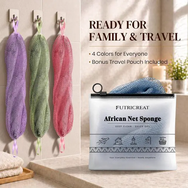 Alt view image 6 of 7 - 4 Pack African Net Sponge Authentic, Exfoliating Washcloth, Body & Back Scrubber, Better Than Traditional Loofahs, Perfect for Daily Shower & Travel, Pink, Blue, Purple & Green