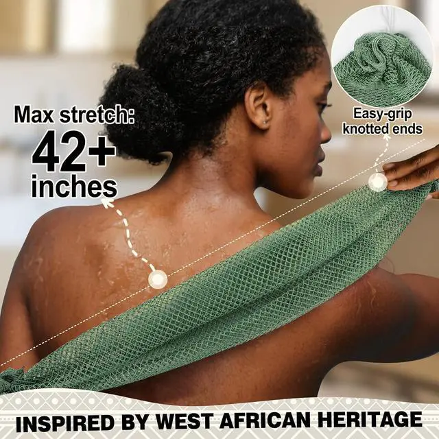 Alt view image 2 of 7 - African Net Sponge Authentic-4 Packs African Exfoliating Net Sponge,Bath Sponges for Shower,42 inch Long for Normal to Sensitive Skin, for Daily use, Body Exfoliator Shower (Green,Pink,Blue,Grey)