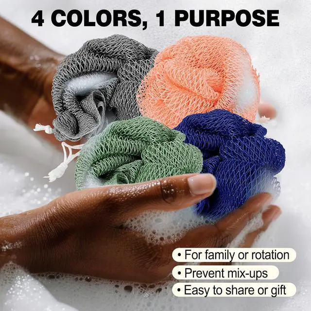 Alt view image 7 of 7 - African Net Sponge Authentic-4 Packs African Exfoliating Net Sponge,Bath Sponges for Shower,42 inch Long for Normal to Sensitive Skin, for Daily use, Body Exfoliator Shower (Green,Pink,Blue,Grey)