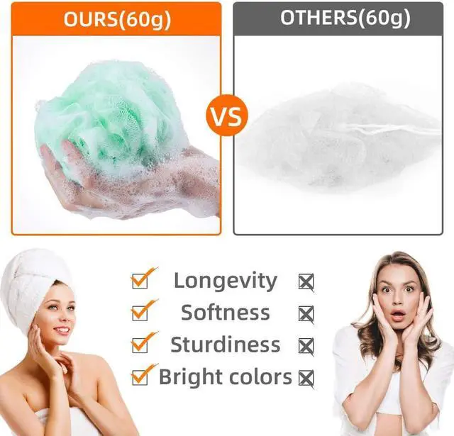 Alt view image 3 of 6 - Loofah Bath Sponge Luffa Loofa Body Scrubber Soft Mesh Pouf Wash Puff Shower Puff Shower Ball Exfoliating Shower Sponge Pack of 4 (60g/pcs)