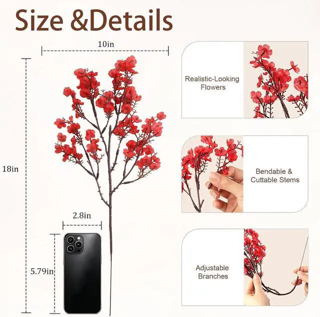 Alt view image 3 of 7 - Uieke 6 Pcs Babys Breath Artificial Flowers Bulk Silk Red Faux Flowers Real Touch Gypsophila Bouquet for Christmas Halloween Home Wedding Decoration