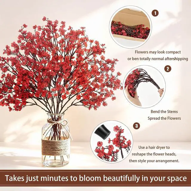Alt view image 4 of 7 - Uieke 6 Pcs Babys Breath Artificial Flowers Bulk Silk Red Faux Flowers Real Touch Gypsophila Bouquet for Christmas Halloween Home Wedding Decoration