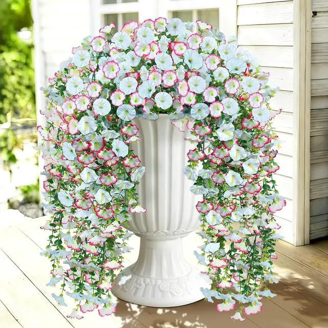 Main image of Artificial Hanging Flowers for Outdoors, 2 PCS 300 Blooms UV Resistant Morning Glory Faux Silk Vines, No-Odor Realistic Fake Plants for Garden Planter Porch Patio Decoration, Blue & White