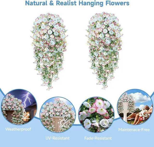 Alt view image 2 of 7 - Artificial Hanging Flowers for Outdoors, 2 PCS 300 Blooms UV Resistant Morning Glory Faux Silk Vines, No-Odor Realistic Fake Plants for Garden Planter Porch Patio Decoration, Blue & White