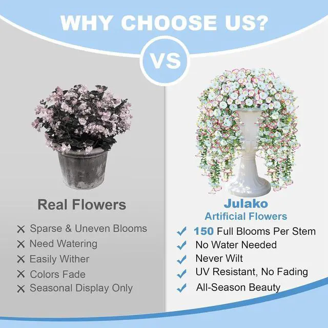 Alt view image 4 of 7 - Artificial Hanging Flowers for Outdoors, 2 PCS 300 Blooms UV Resistant Morning Glory Faux Silk Vines, No-Odor Realistic Fake Plants for Garden Planter Porch Patio Decoration, Blue & White