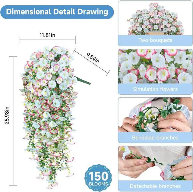 Alt view image 3 of 7 - Artificial Hanging Flowers for Outdoors, 2 PCS 300 Blooms UV Resistant Morning Glory Faux Silk Vines, No-Odor Realistic Fake Plants for Garden Planter Porch Patio Decoration, Blue & White